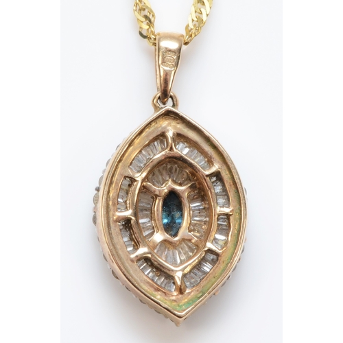 311 - A 9ct gold sapphire and diamond pendant, with baguette and brilliant cut diamonds, 25 x 14mm, on a 9... 