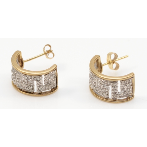 314 - A pair of 9ct two tone gold Greek key patterned half hoop earrings, set with eight cut diamonds, 13m... 