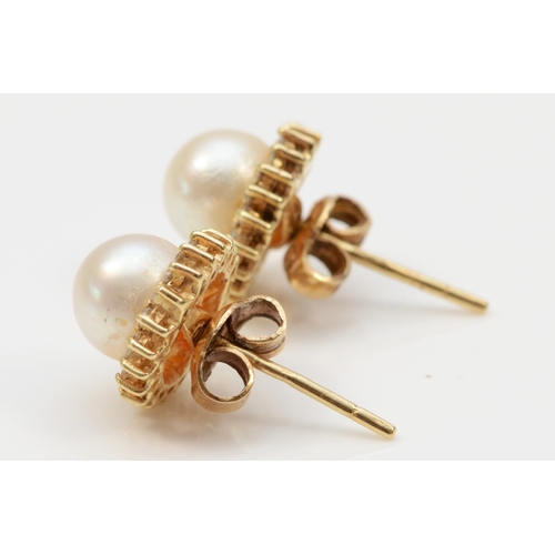 327 - A pair of 585 gold cultured pearl and eight cut diamond stud earrings, 10mm, 2.6gm.