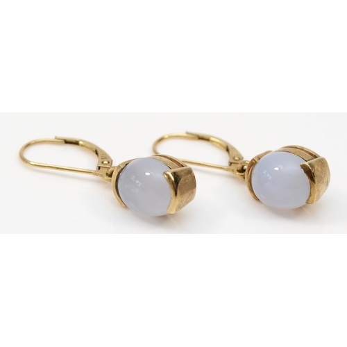 337 - A pair of 375 gold chalcedony drop earrings, 30mm, 4.7gm.