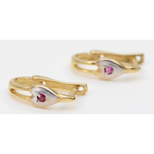 352 - A pair of two tone gold ruby heart hoop earrings, marks rubbed, 15mm, 1.9gm.