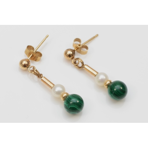 355 - A pair of gold malachite and cultured pearl drop earrings, unmarked, butterfly backs 9ct, 28mm, 2.8g... 