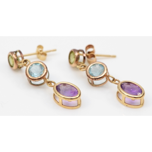 356 - A pair of gold peridot, topaz and amethyst drop earrings, unmarked, butterfly backs marked 9ct, 26mm... 