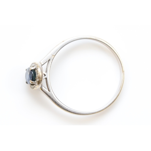 377 - An 18k white gold sapphire and brilliant cut diamond cluster ring, P, 2.5gm.