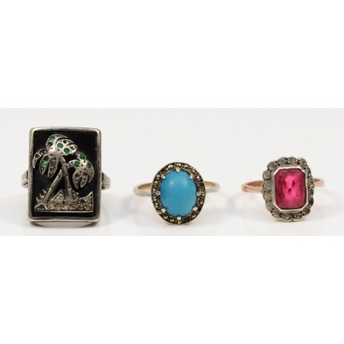 397 - Three 9ct gold and silver dress rings comprising, red and white paste stone cluster ring, M, green a... 