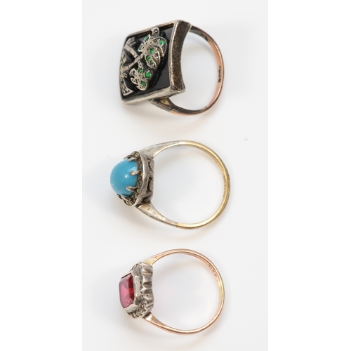 397 - Three 9ct gold and silver dress rings comprising, red and white paste stone cluster ring, M, green a... 