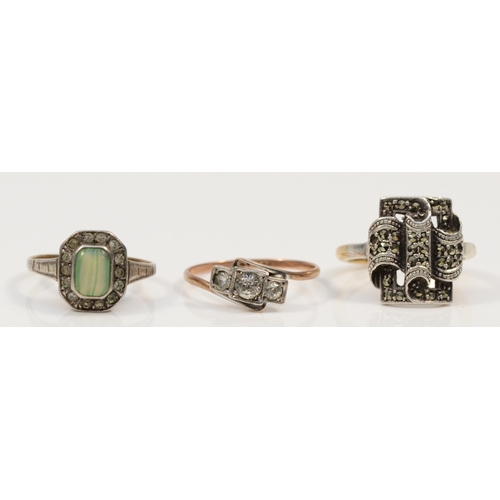 398 - Three 9ct gold and silver dress rings comprising, three white paste stone dress ring, P, green and w... 