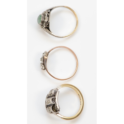 398 - Three 9ct gold and silver dress rings comprising, three white paste stone dress ring, P, green and w... 