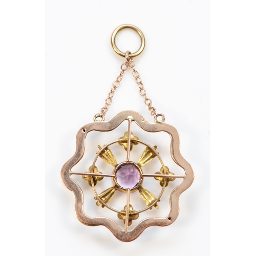 409 - An Edwardian 9ct gold amethyst and seed pearl open work drop pendant, 45 x 25mm, 2gm.