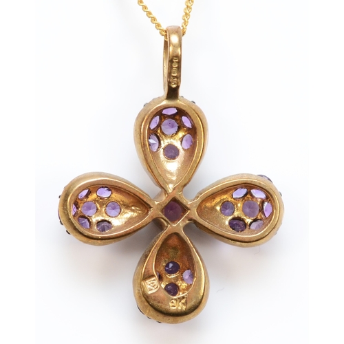 430 - A 9ct gold amethyst flower pendant, on 375 gold chain, 23 x 18mm, 2.9gm.