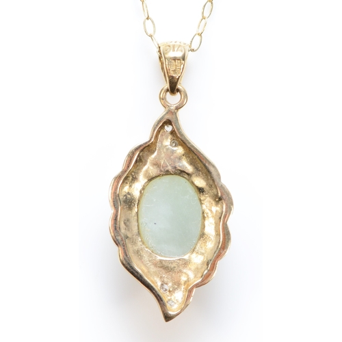 431 - A 9ct gold jadeite and eight cut diamond pendant, on 9k gold chain, 21 x 11mm, 2.3gm.