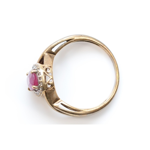 432 - A 9ct gold glass filled ruby and eight cut diamond dress ring, P-Q, 2.7gm.