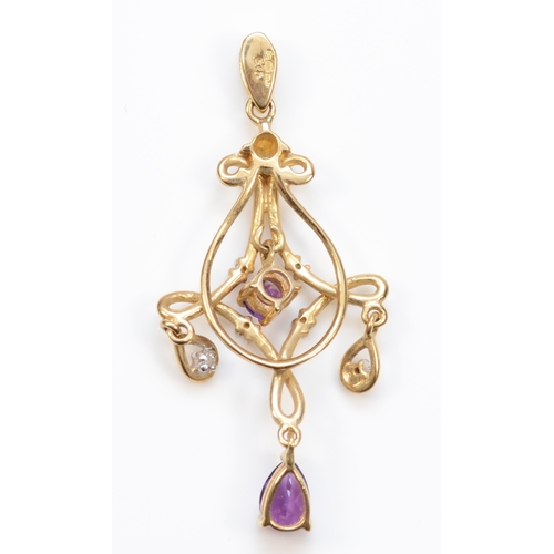 438 - A vintage 9ct gold amethyst and eight cut diamond pendant, 42 x 18mm, 2.1gm.