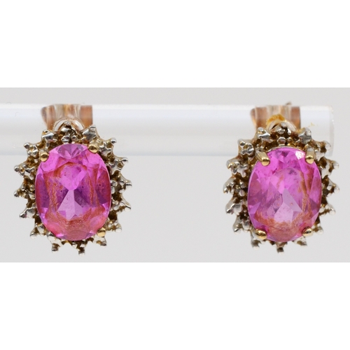 461 - A pair of 375 gold synthetic pink sapphire and diamond stud earrings, 12 x 11mm, 3.2gm.