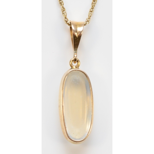 466 - A gold moonstone pendant stamped 585, on 9k gold chain, 31mm, 3.7gm.