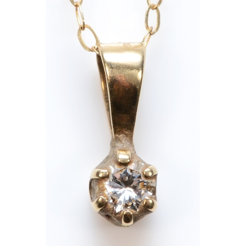 469 - A vintage gold brilliant cut diamond drop pendant, unmarked, on 9k gold chain, 11mm, 0.8gm.