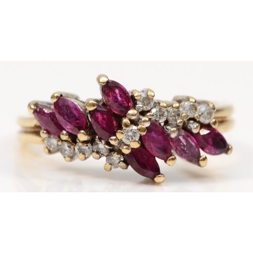 475 - A 9ct gold ruby and brilliant cut diamond dress ring, M-N, 3.1gm.