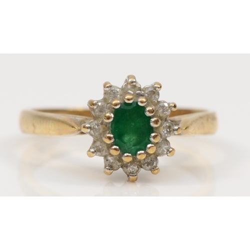 478 - A 9ct gold emerald and eight cut diamond dress ring, L-M, 2.3gm.