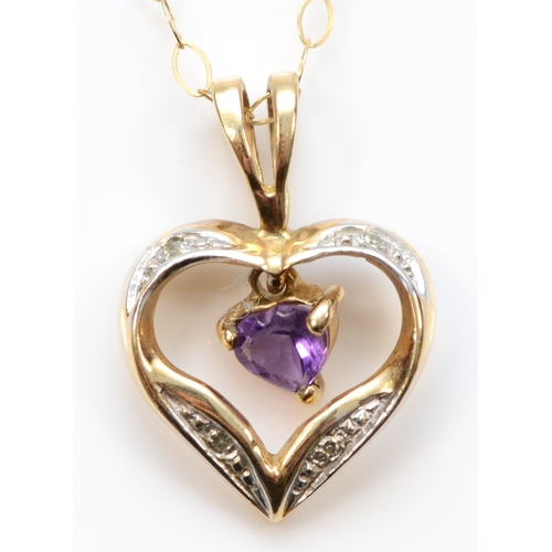 480 - A gold amethyst and eight cut diamond heart pendant, unmarked, on a 375 gold chain, 17 x 12mm,