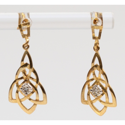 481 - A pair of gold eight cut diamond drop earrings, unmarked, 26mm, 1.2gm.