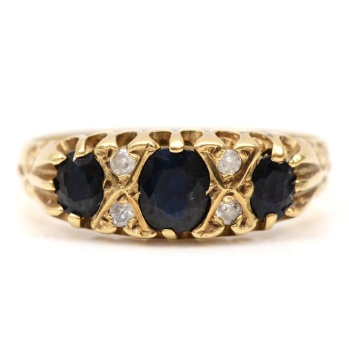 490 - A 9ct gold sapphire and eight cut diamond dress ring, N-O, 2gm.