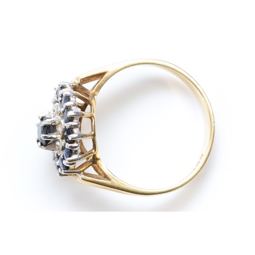 508 - A 9ct gold sapphire and eight cut diamond cluster ring, M, 2.9gm.