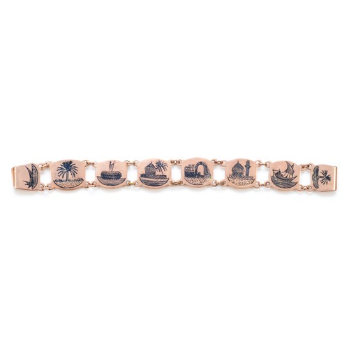 531 - A Middle Eastern gold sectional bracelet, unmarked, with scenic decoration, 14cm, 13.9gm.