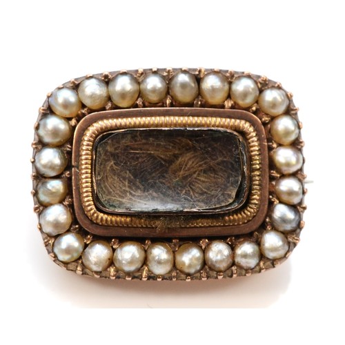 532 - A Georgian gold seed pearl mourning brooch, unmarked, 19 x 15mm, 4.2gm, base metal replacement pin.