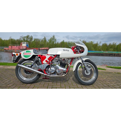 1971 Norton Commando Production Racer Replica, 750cc. Registration number NFE 500J. Frame number 142746. Engine number  20M3S/142746.
The Commando was introduced in 1967 and took part in racing events straight awy. After successes in 1969 by dealer-entered machines like Paul Smart's second and Mick Andrews' 4th places in the Isle of Man TT Production class the company decided to produce a production racing model, hence developed the Production Racer model.
It was built at the Norton Villiers Performance Centre at the Thruxton Circuit from 1970 - 1972, 
One of the first victories for the bike was at the 1970 Thruxton 500 with riders Charlie Sanby and Peter Williams. 
At the 1971 TT, Williams was third in the Formula 1 750 cc TT and set a new lap record of over 101mph in the 750 Production TT before retiring.
NFE was bought by our vendor in 1974 and converted to a replica over the years using parts from a crashed original machine and period Norton dealers. He has raced it on many occasions although it has been retired since the mid 1980's. The first race was at Caldwell in 1976 and then Caldwell and Mallory with bike in black colours. He also campaigned it in 1980/81 when it was repainted in the works colours of red and white. 
Original parts fitted are the tank, rear sets, rear wheel and front brake taken from Keith Brown's bike, sponsored by TMS Nottingham, the seat, head steady, vented rear brake, fairing with mountings and brake light switch were bought from a Norton main dealer in the 1970's.
The engine is high compression with a ported head, it runs a Dunstall cam, with electronic ignition, belt drive and a standard gearbox.
The bike has been unused for many years but always cared for and has recently been recommissioned.