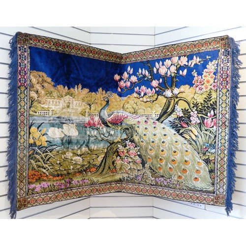 87 - A woven wall hanging featuring deer. 190 x 125cm. 
Together with a similar wall hanging featuring a ... 