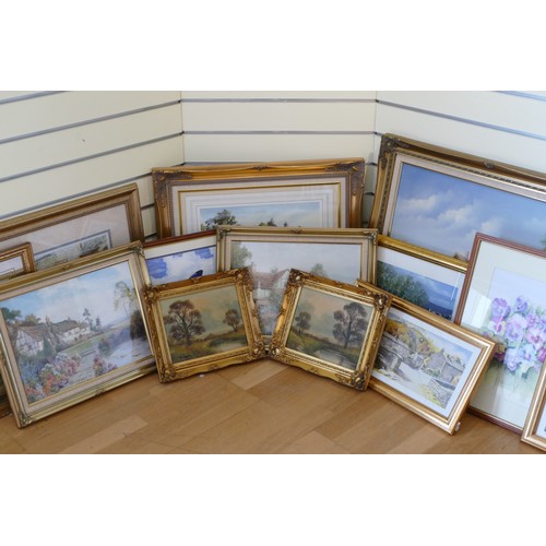 90 - A quantity of framed prints of village scenes, cottages and still life.
To include a pair depicting ... 