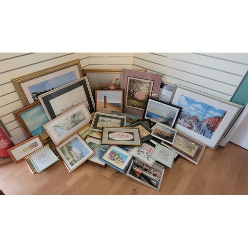 98 - A large collection of pictures, to include watercolours, oils and prints, framed and glazed of vario... 