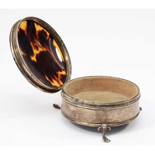 26 - A silver and tortoiseshell trinket box, Birmingham 1919, hinged lid, raised on three feet, 8.5cm.