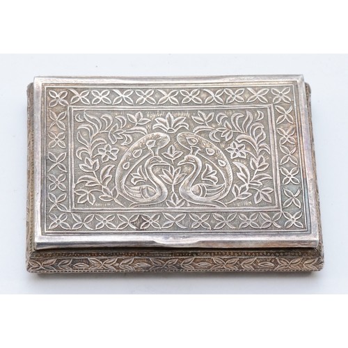 64 - An unmarked silver, possibly Indian, box with chased peacock hinged cover, 8 x 6 x 1.5cm, 89gms