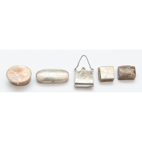 70 - A 925 silver hand bag box, a 925 silver life's charms, box and three UK hallmarked silver boxes, 56g... 