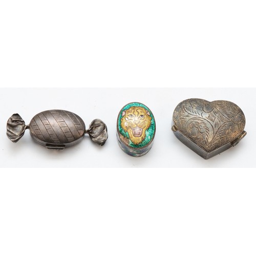 71 - A 925 silver and enamel oval lions head box, and two other 925 silver pill boxes, 38gms.