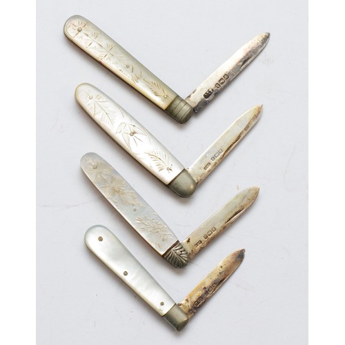 82 - Four silver bladed and mother of pearl fruit knives, various dates