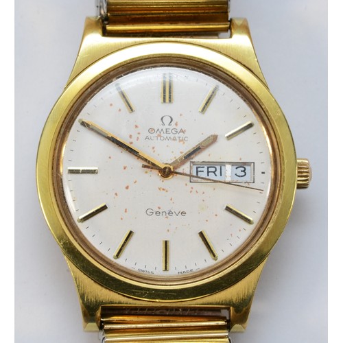 Omega, a gold plated automatic day/date gentlemans wristwatch, c.1975, ref. 166.0169, the silvered dial with day and date, gilt hour markers, minute/hour hands and seconds hand, screw-down case back, movement number 34342843, cal 1022, 36mm.
