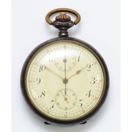 Un-named, a gun metal keyless wind open face stop second pocket watch, two subsidiary second dials, movement numbered 1092487, 48mm, working when catalogued but not guaranteed for accuracy.