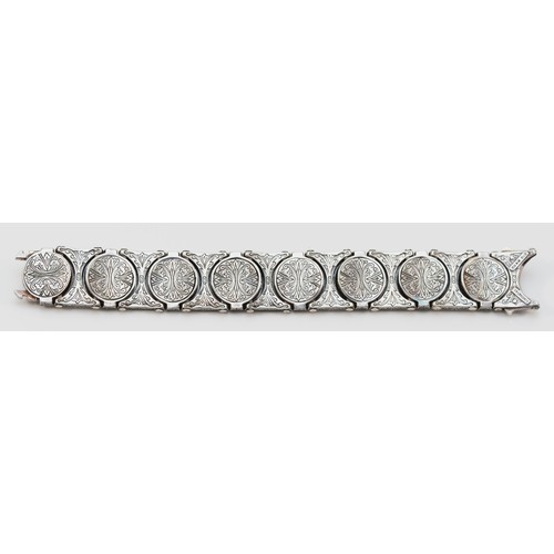 195 - Konstantino, a Greek silver, 18K gold and cultured pearl panel link bracelet, 19.5cm, 108gm