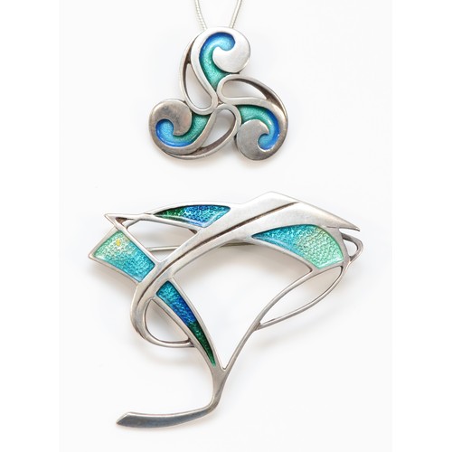 206 - Ola Gorie, a Scottish silver and enamel scrool pendant, 22mm, chain and Pat Chenney, a silver and en... 