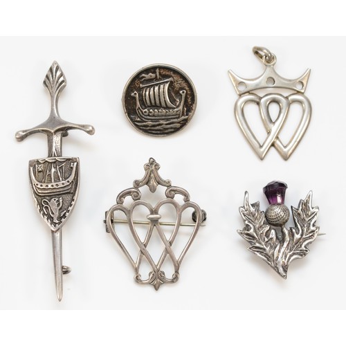 207 - Robert Allison, a Scottish silver thistle brooch, Glasgow 1953 and a Viking sword and shield brooch,... 