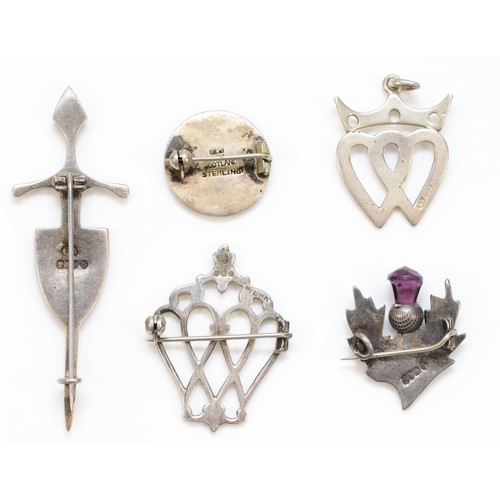 207 - Robert Allison, a Scottish silver thistle brooch, Glasgow 1953 and a Viking sword and shield brooch,... 