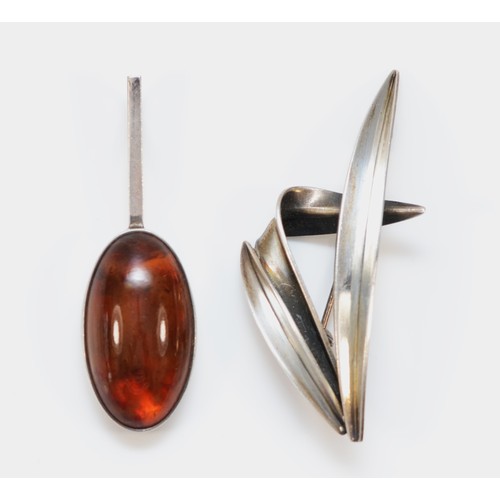 214 - N. E. From, a Danish silver and amber pendant, 47mm and Anton Michelsen, a Danish silver leaf brooch... 