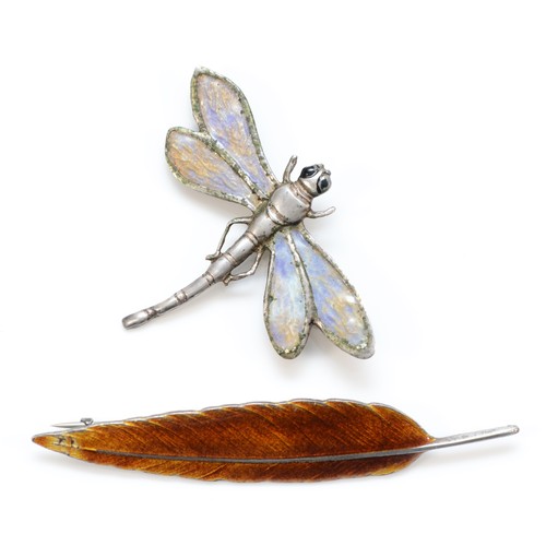 215 - A silver and enamel dragonfly brooch, 54 x 41mm and a silver and enamel leaf brooch, 14gm