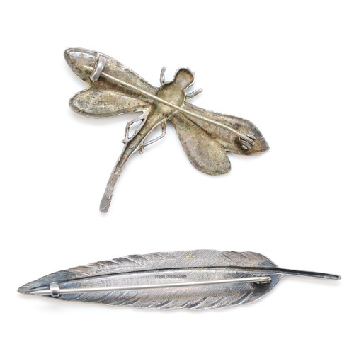 215 - A silver and enamel dragonfly brooch, 54 x 41mm and a silver and enamel leaf brooch, 14gm