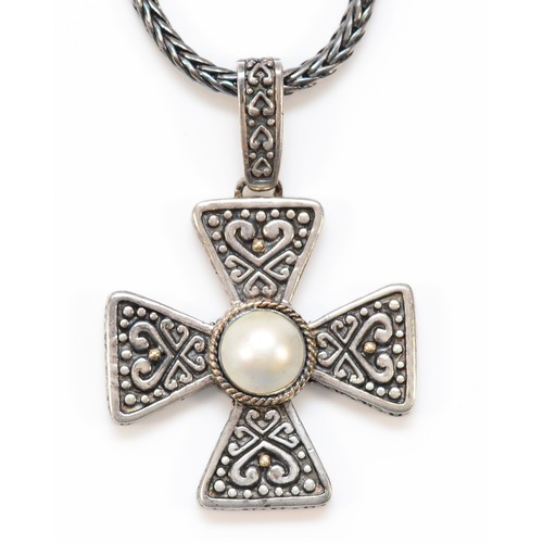 217 - A 925 silver, 14K gold and pearl cross pendant 56 x 41mm, 41cm rope twist cahin, 53gm