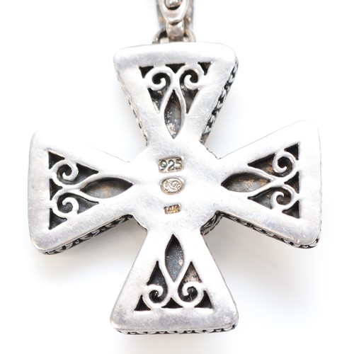 217 - A 925 silver, 14K gold and pearl cross pendant 56 x 41mm, 41cm rope twist cahin, 53gm