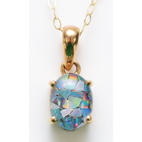 239 - A 9ct gold mounted opal triplet pendant, chain, 1.1gm