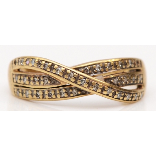 244 - A 9ct gold single cut diamond three row twist ring, M 1/2, 2.7gm